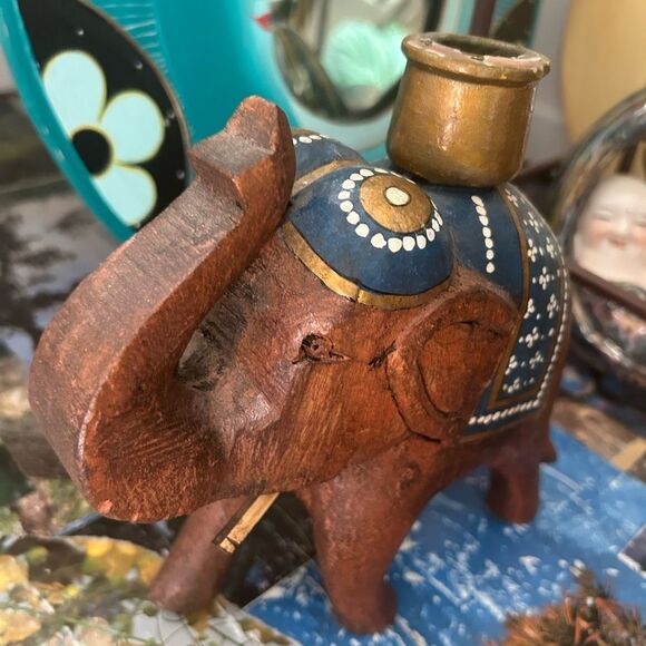 Wooden Hand Craved Elegant  Elephant Candle Stick Holder - Picture 13 of 16